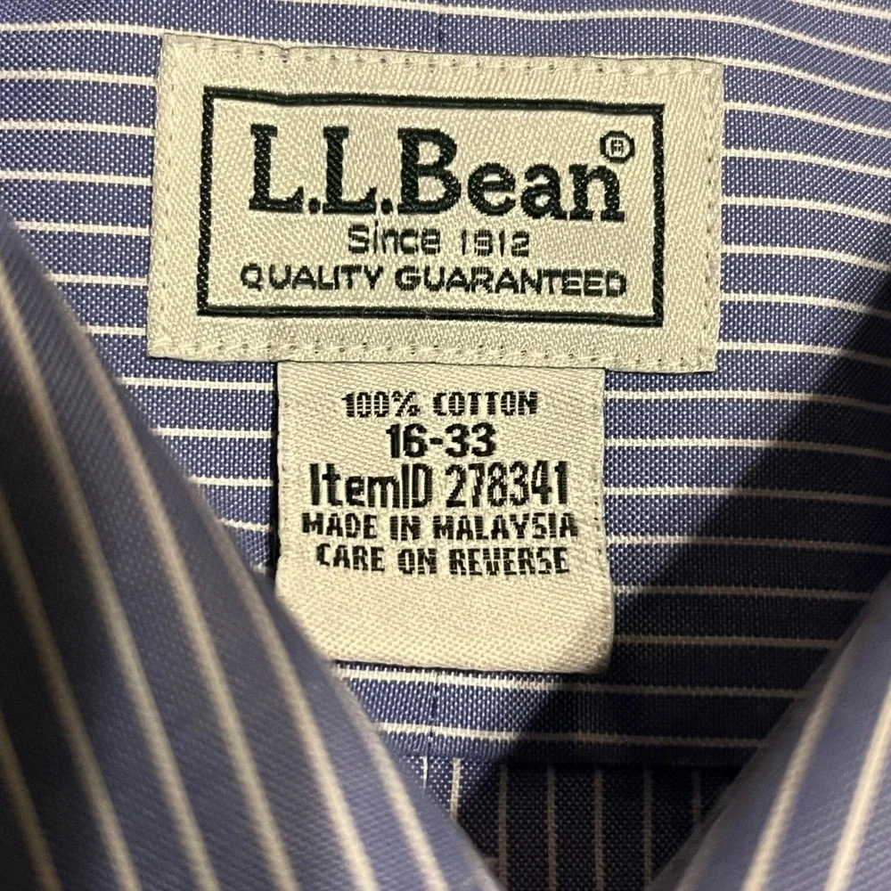 LL Bean Mens Blue White Pinstripe Wrinkle Resistant Shirt 16-33 Traditional‎ Fit